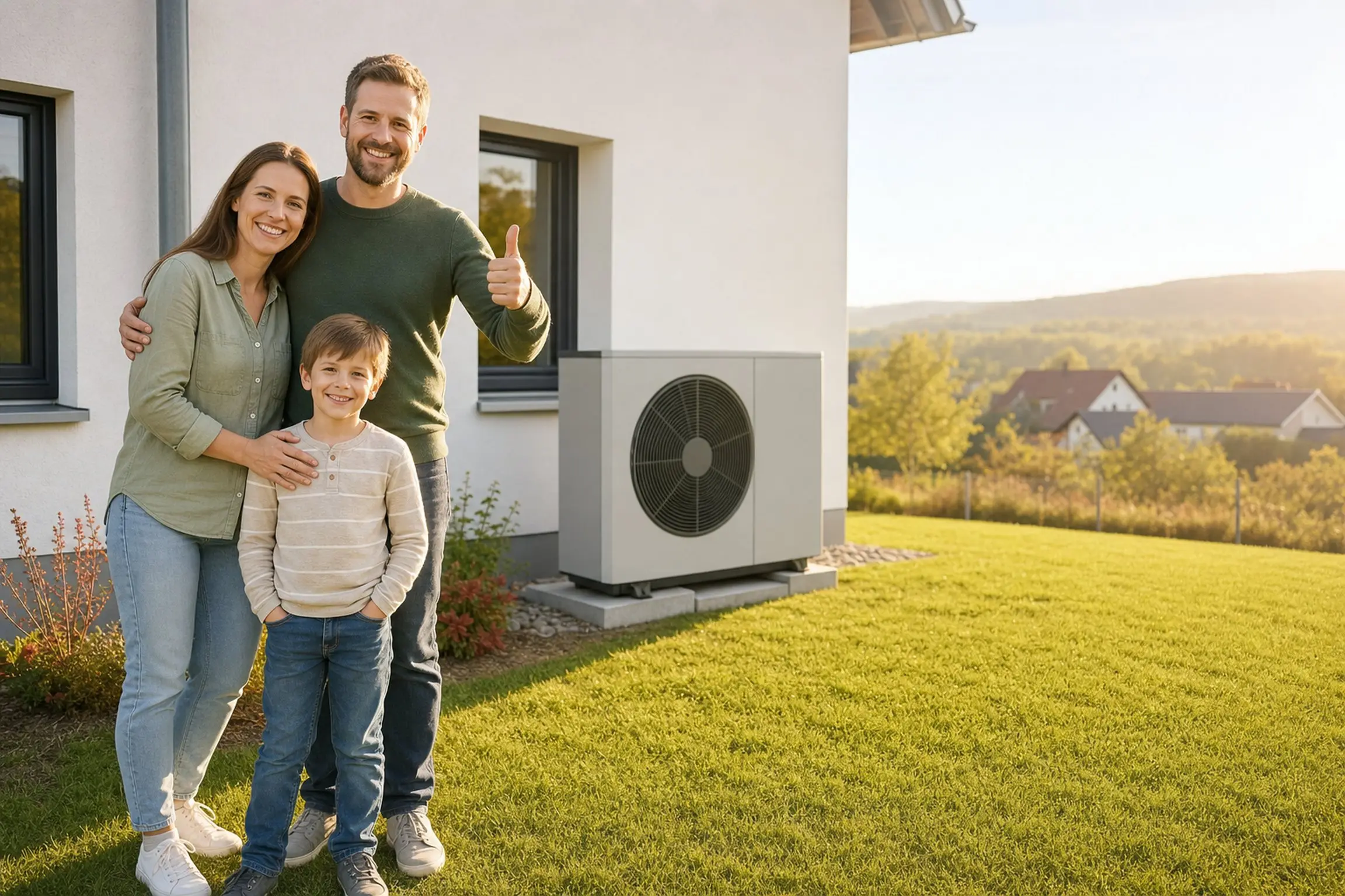 Familie vor ihrem Einfamilienhaus mit neuer Wärmepumpe